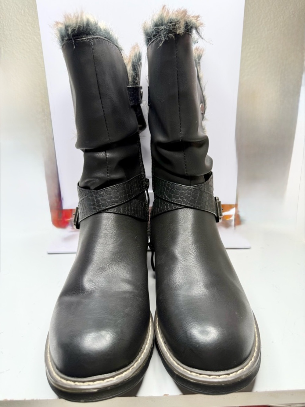 Black Faux-Fur Trim Women's Mid-Calf Boots New No Box Size 8W